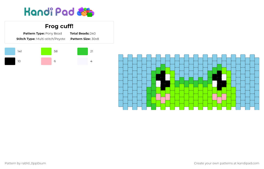 Frog cuff! - Pony Bead Pattern by rab1d_0pp0sum on Kandi Pad - frog,amphibian,cuff,cute,animal,light blue,green
