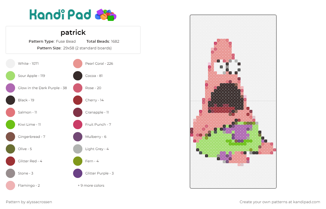 patrick - Fuse Bead Pattern by alyssacrossen on Kandi Pad - patrick,spongebob,nickelodeon,animation,nostalgic,underwater,adventure,playful,fun,pink