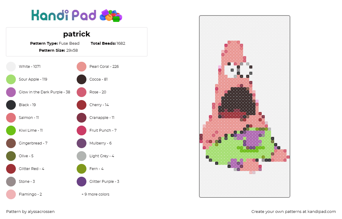 patrick - Fuse Bead Pattern by alyssacrossen on Kandi Pad - patrick,spongebob,nickelodeon,animation,nostalgic,underwater,adventure,playful,p