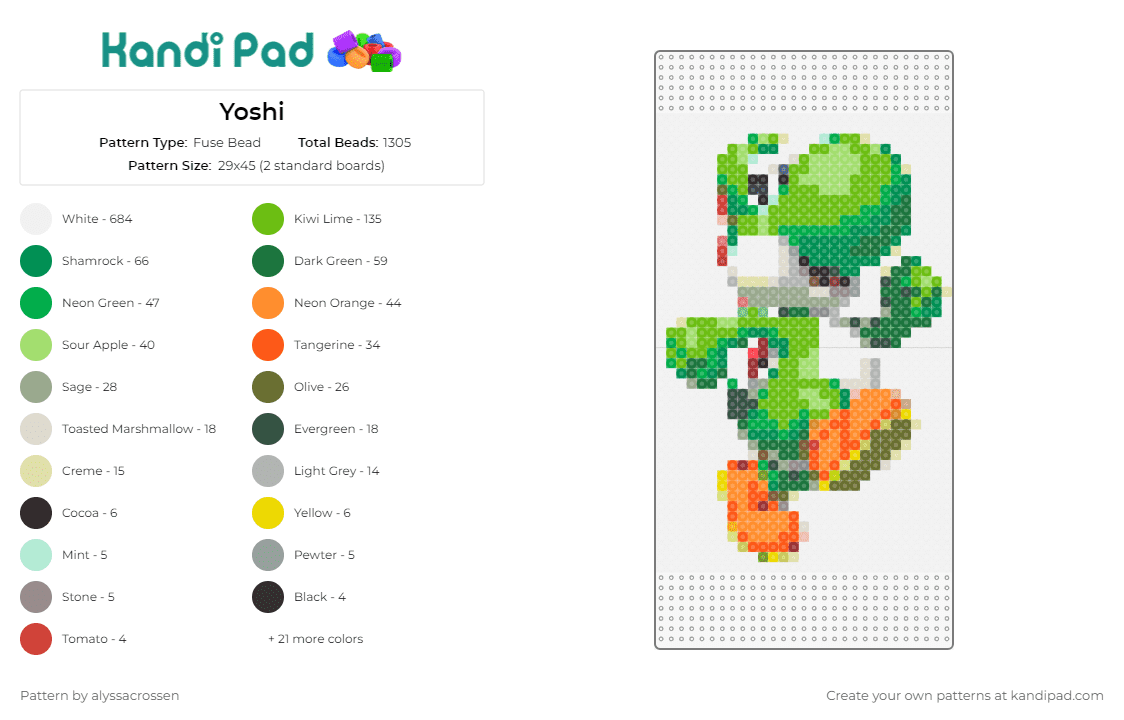 Yoshi - Fuse Bead Pattern by alyssacrossen on Kandi Pad - yoshi,mario,nintendo,dinosaur,vibrant,friendly,playful,adventures,creative,green