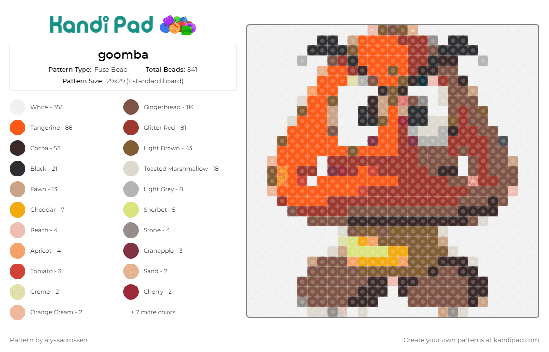 goomba - Fuse Bead Pattern by alyssacrossen on Kandi Pad - goomba,mario,nintendo,classic,retro,gaming,video game history,fun,brown,orange
