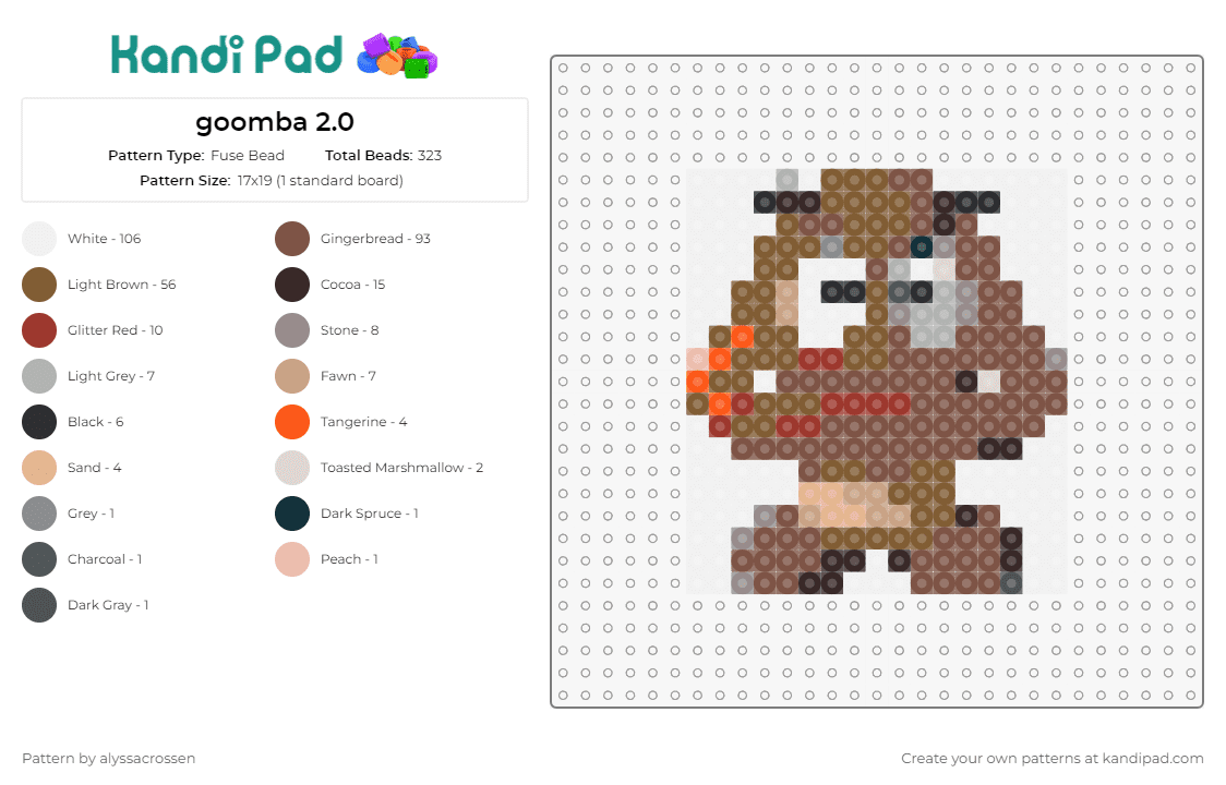goomba 2.0 - Fuse Bead Pattern by alyssacrossen on Kandi Pad - goomba,mario,nintendo,video game,nostalgia,gaming,iconic,pixelated,brown