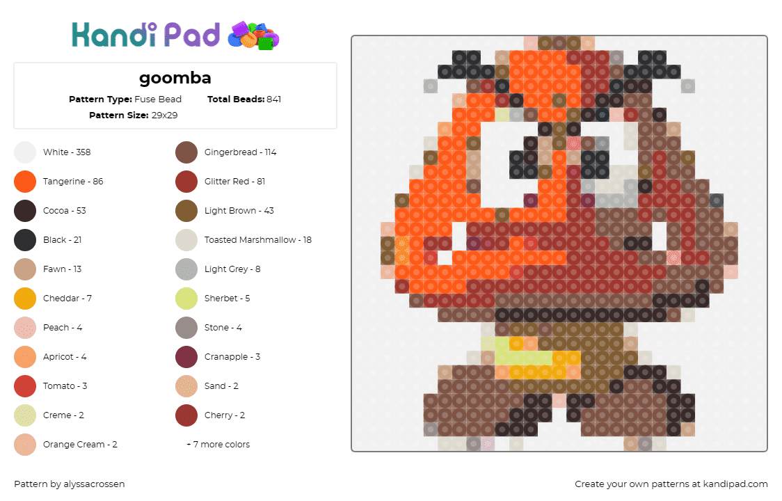 goomba - Fuse Bead Pattern by alyssacrossen on Kandi Pad - goomba,mario,nintendo,classic,retro,gaming,video game history,brown,orange