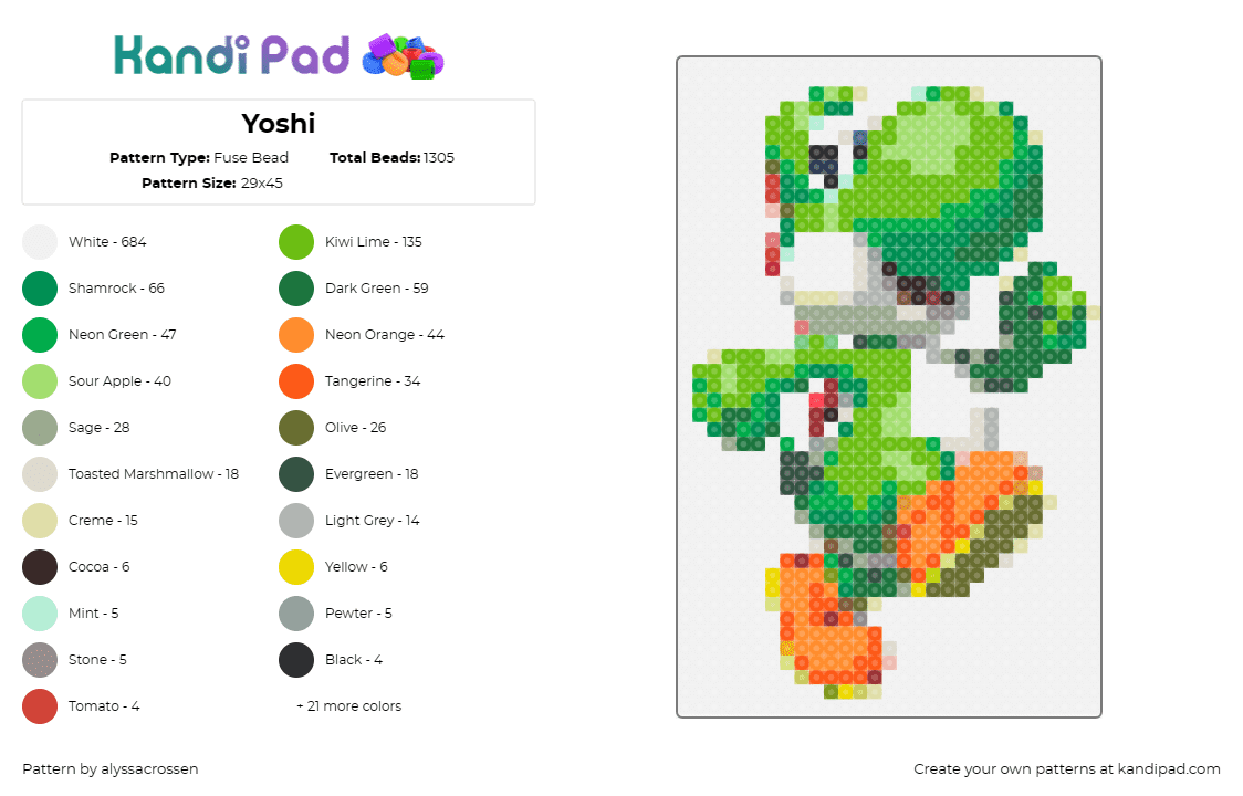 Yoshi - Fuse Bead Pattern by alyssacrossen on Kandi Pad - yoshi,mario,nintendo,dinosaur,vibrant,friendly,playful,adventures,green