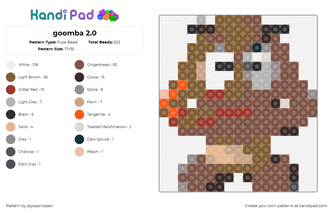 goomba 2.0 - Fuse Bead Pattern by alyssacrossen on Kandi Pad - goomba,mario,nintendo,video game,nostalgia,gaming,brown