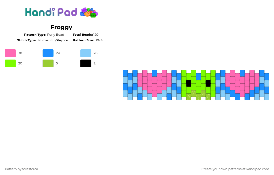 Froggy - Pony Bead Pattern by forestorca on Kandi Pad - frog,hearts,cuff,bright,animal,pink,light blue