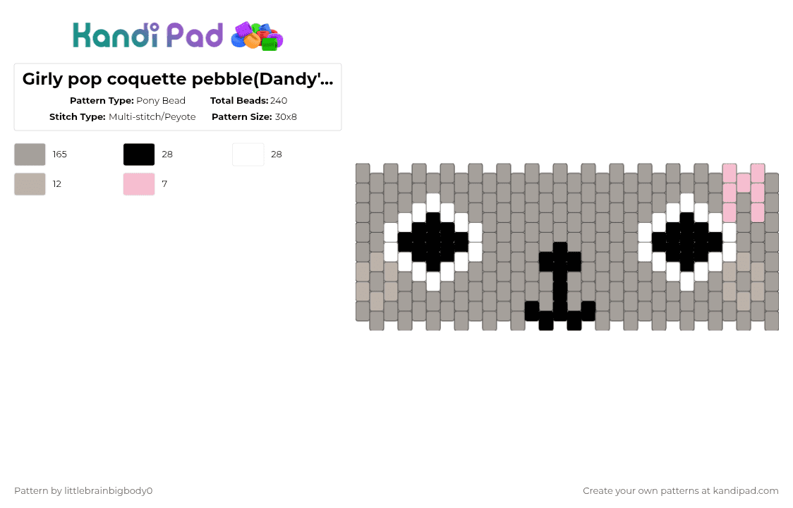 Girly pop coquette pebble(Dandy\'s World) - Pony Bead Pattern by littlebrainbigbody0 on Kandi Pad - gray,dandysworld,pebble,pink,cute,dawg,rock,bow,coquette