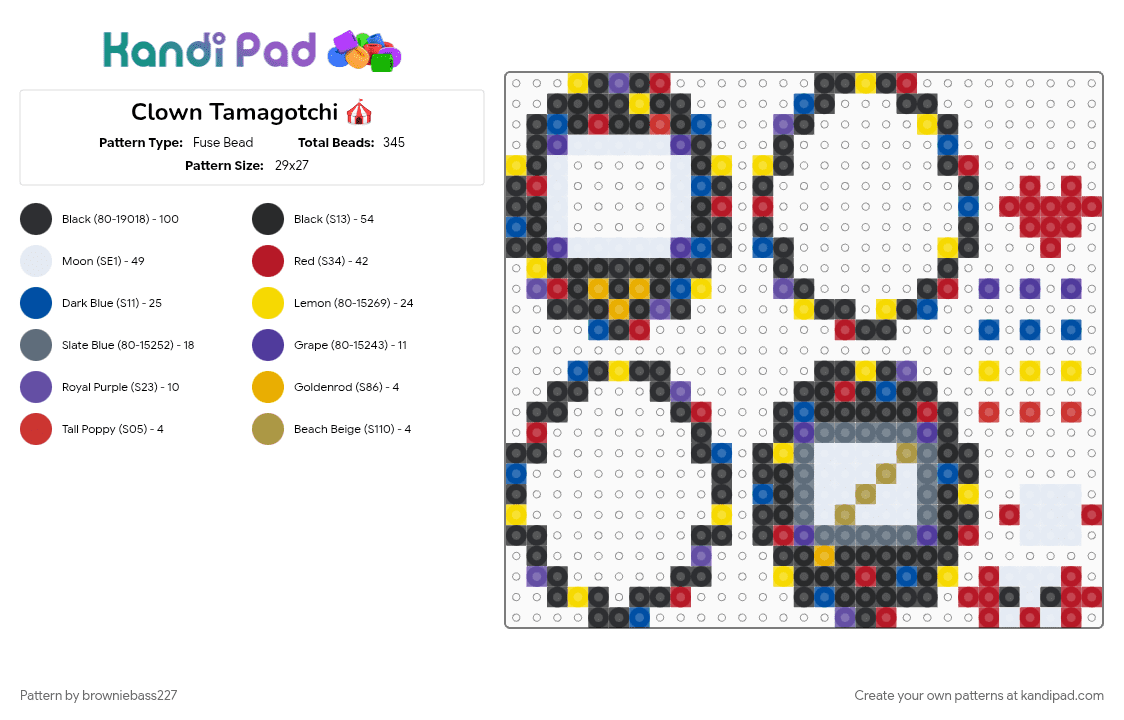 Clown Tamagotchi 🎪 - Fuse Bead Pattern by browniebass227 on Kandi Pad - black, blue, carnival, character, charm, circus, clown, colorful, confetti, cute, purple