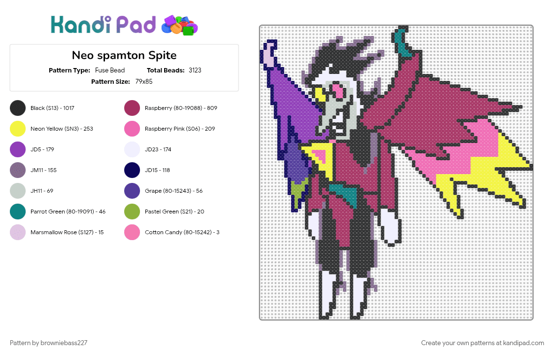 Neo spamton Spite - Fuse Bead Pattern by browniebass227 on Kandi Pad - character, deltarune, neon, pink, purple, spamton, spamton deltarune, spamton g spamton, spamton neo, video game