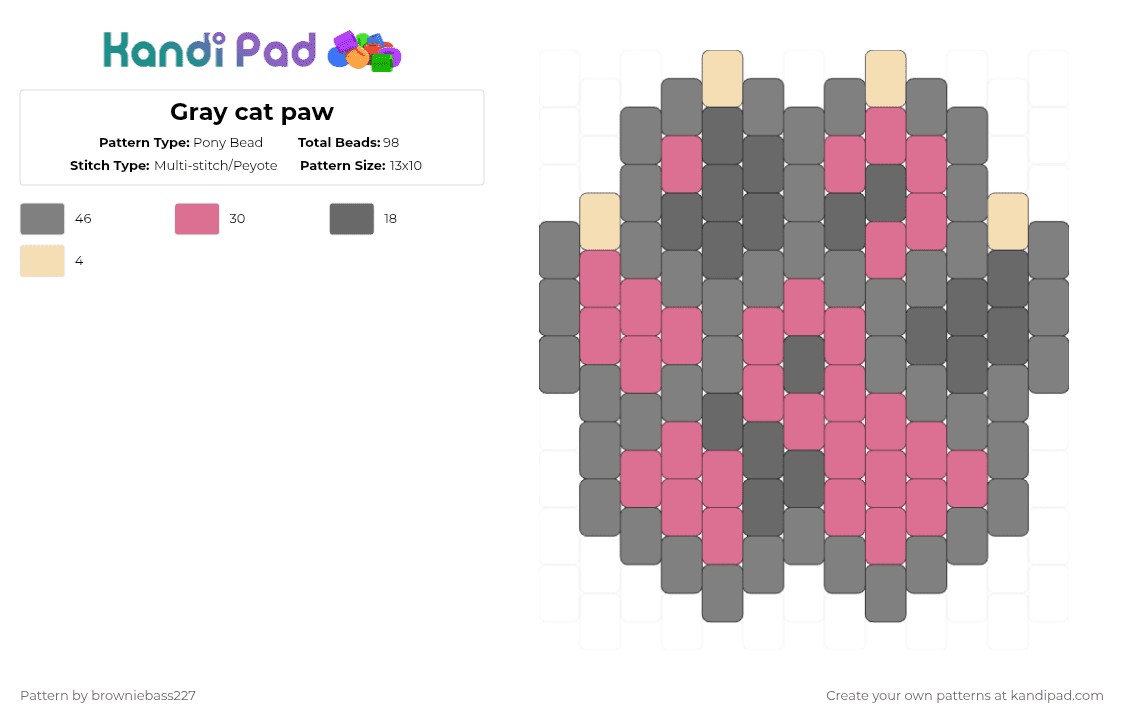 Gray cat paw - Pony Bead Pattern by browniebass227 on Kandi Pad - gray,cat,paw,mixed
