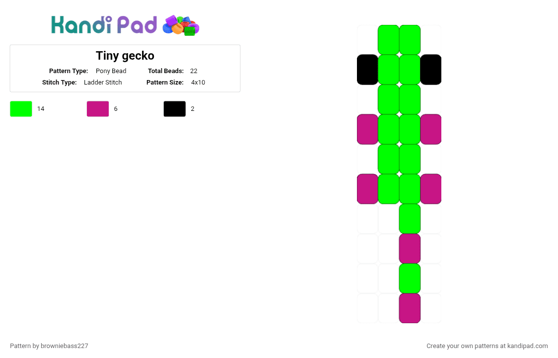 Tiny gecko - Pony Bead Pattern by browniebass227 on Kandi Pad - green,pink