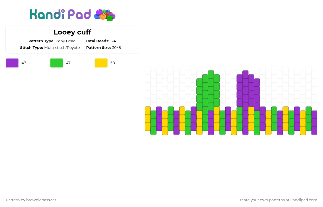 Looey cuff - Pony Bead Pattern by browniebass227 on Kandi Pad - purple,green,dandys world,dw,looey,dw looey,circus,simple,cute
