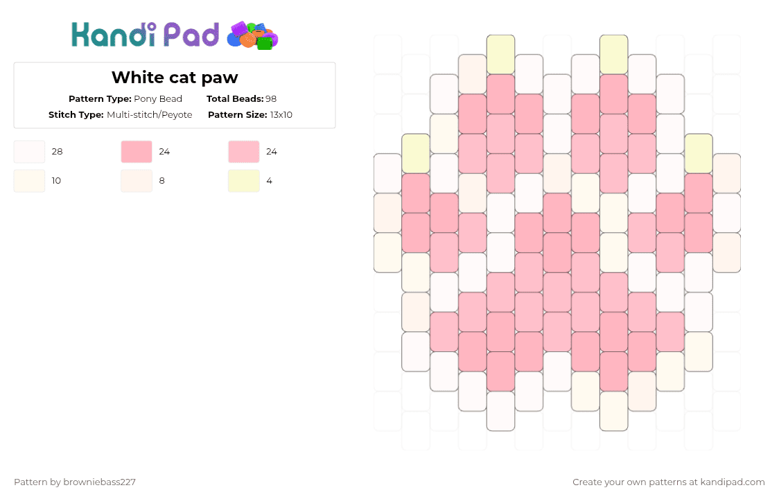 White cat paw - Pony Bead Pattern by browniebass227 on Kandi Pad - white,pink,cat paw,white cat,baby pink,soft tones
