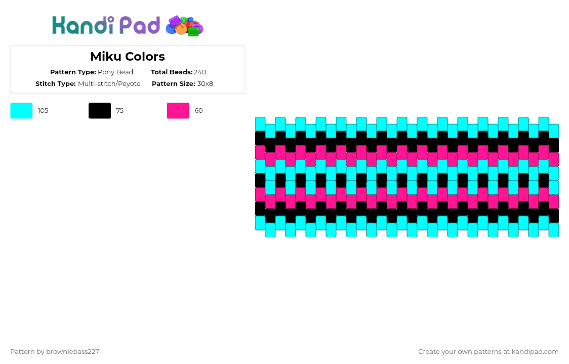 Miku Colors - Pony Bead Pattern by browniebass227 on Kandi Pad - light blue,pink,miku,vocaloid,teal,hot pink,black