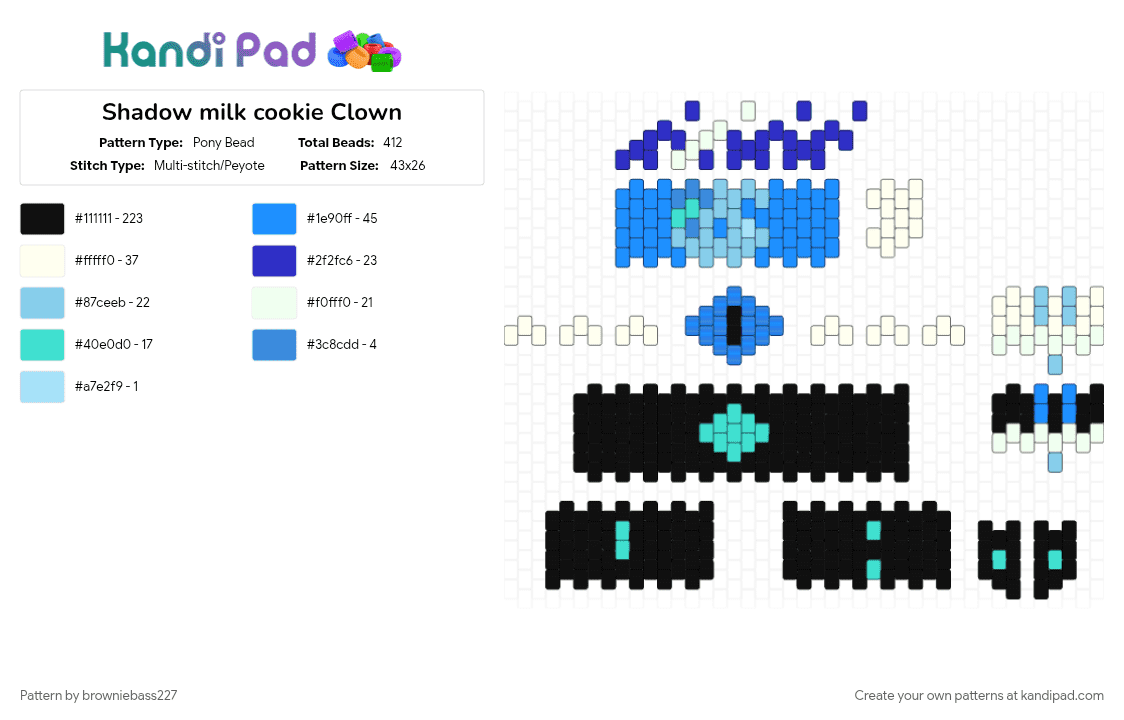 Shadow milk cookie Clown - Pony Bead Pattern by browniebass227 on Kandi Pad - black, clown, cookie run kingdom, crk, crk beasts, light blue, shadow, shadow milk, shadow milk cookie, trickster