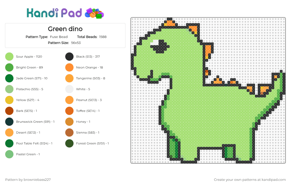 Green dino - Fuse Bead Pattern by browniebass227 on Kandi Pad - green,dinosaur,orange,cute core,silly