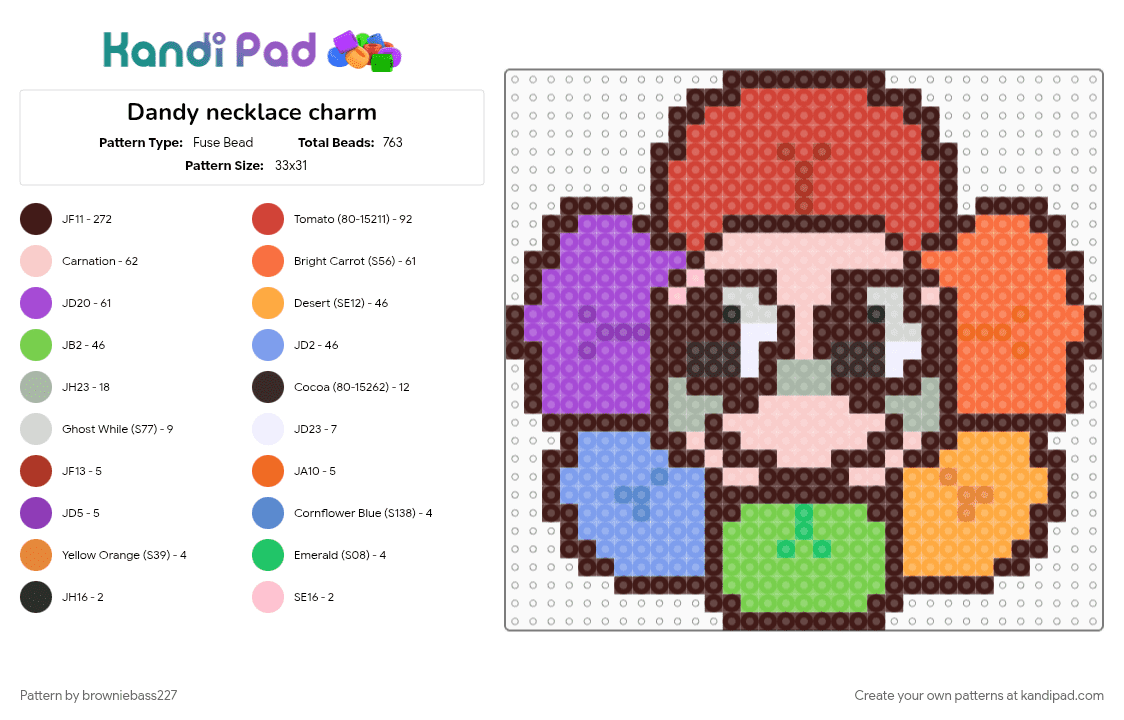 Dandy necklace charm - Fuse Bead Pattern by browniebass227 on Kandi Pad - beige, brown, character, charm, dandys world, flower, gaming, horror game, orange, rainbow, red, video game