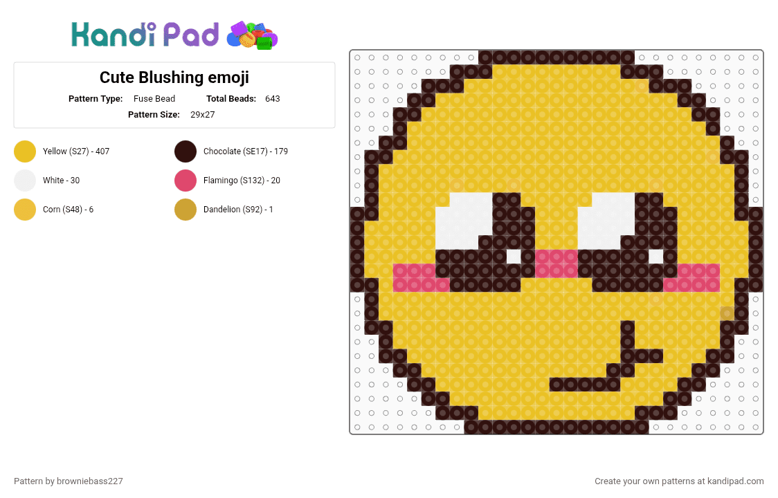 Cute Blushing emoji - Fuse Bead Pattern by browniebass227 on Kandi Pad - blushing, brown, cute, dumb, emoji, necklace charm, silly, yellow