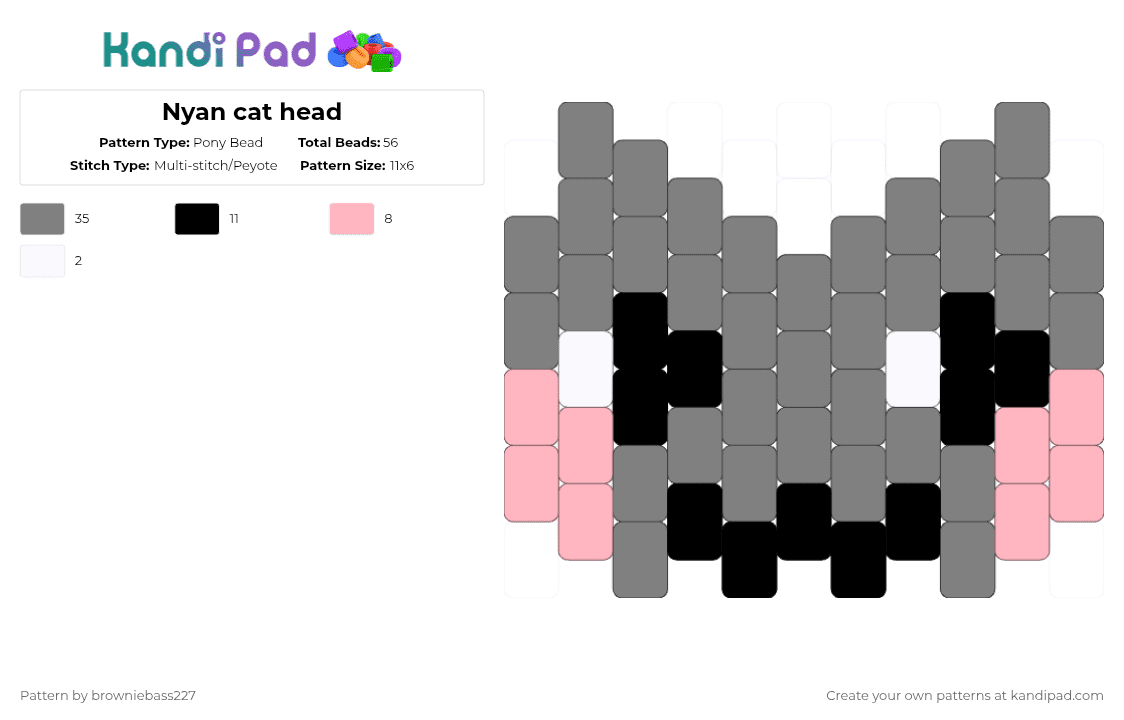 Nyan cat head - Pony Bead Pattern by browniebass227 on Kandi Pad - gray,charm,cute,small,easy,nyan cat