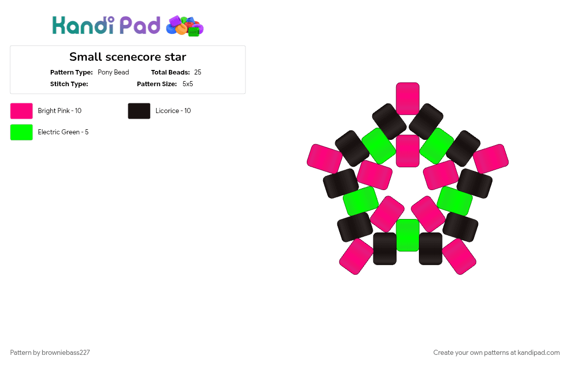 Small scenecore star - Pony Bead Pattern by browniebass227 on Kandi Pad - black and green, bracelet, core, cotdscenekidfashion, green, pink, scenecore, starter