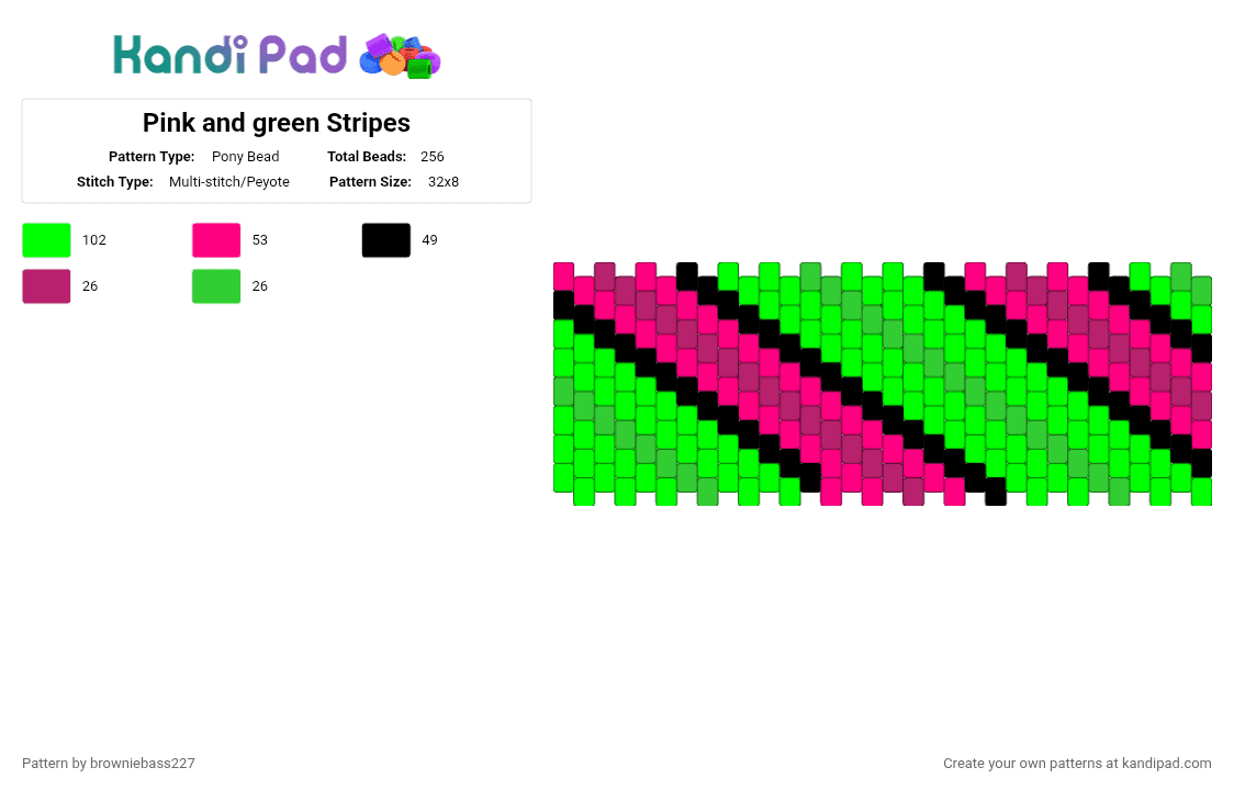 Pink and green Stripes - Pony Bead Pattern by browniebass227 on Kandi Pad - pink,green,thick stripes,black