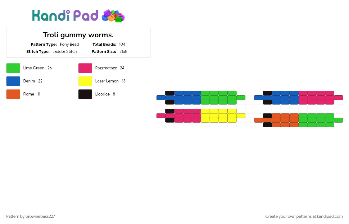Troli gummy worms. - Pony Bead Pattern by browniebass227 on Kandi Pad - animal, blue, bright, candy, charm, cute, green, gummys, pink, troli, worm