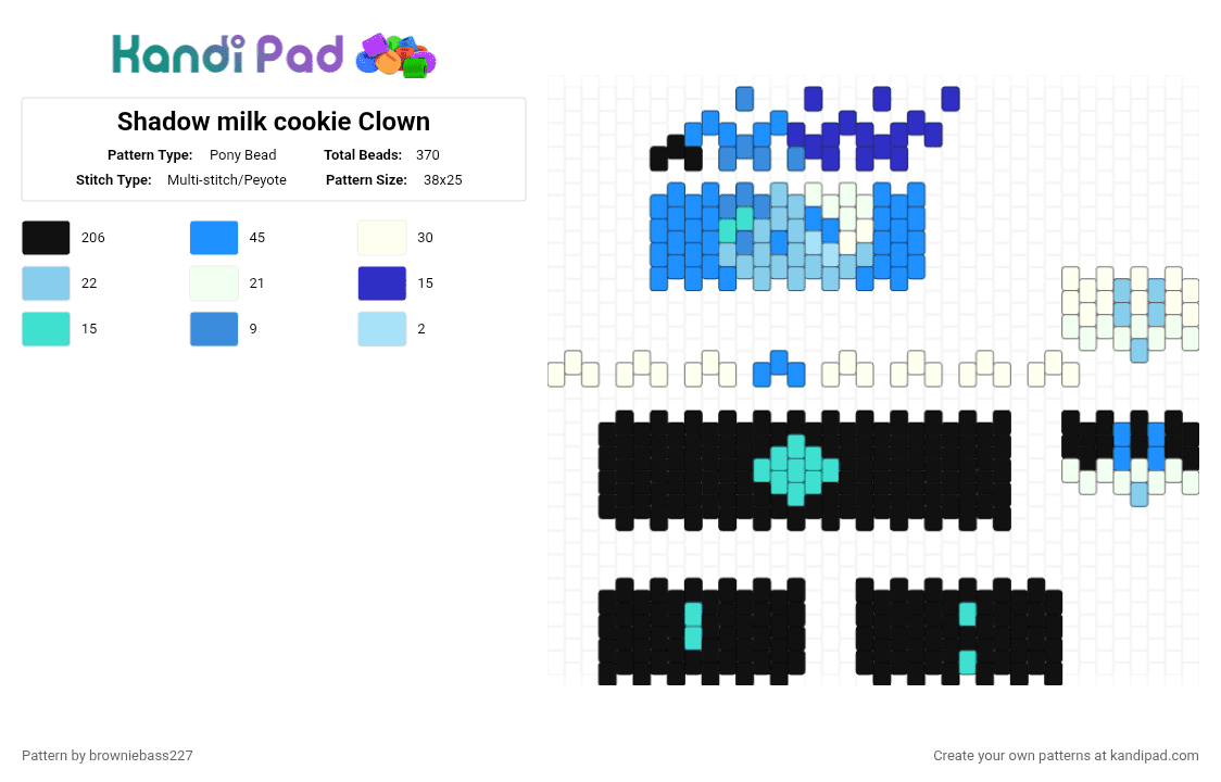 Shadow milk cookie Clown - Pony Bead Pattern by browniebass227 on Kandi Pad - black,light blue,shadow milk cookie,shadow milk,crk,cookie run kingdom,crk beasts,clown,shadow,trickster