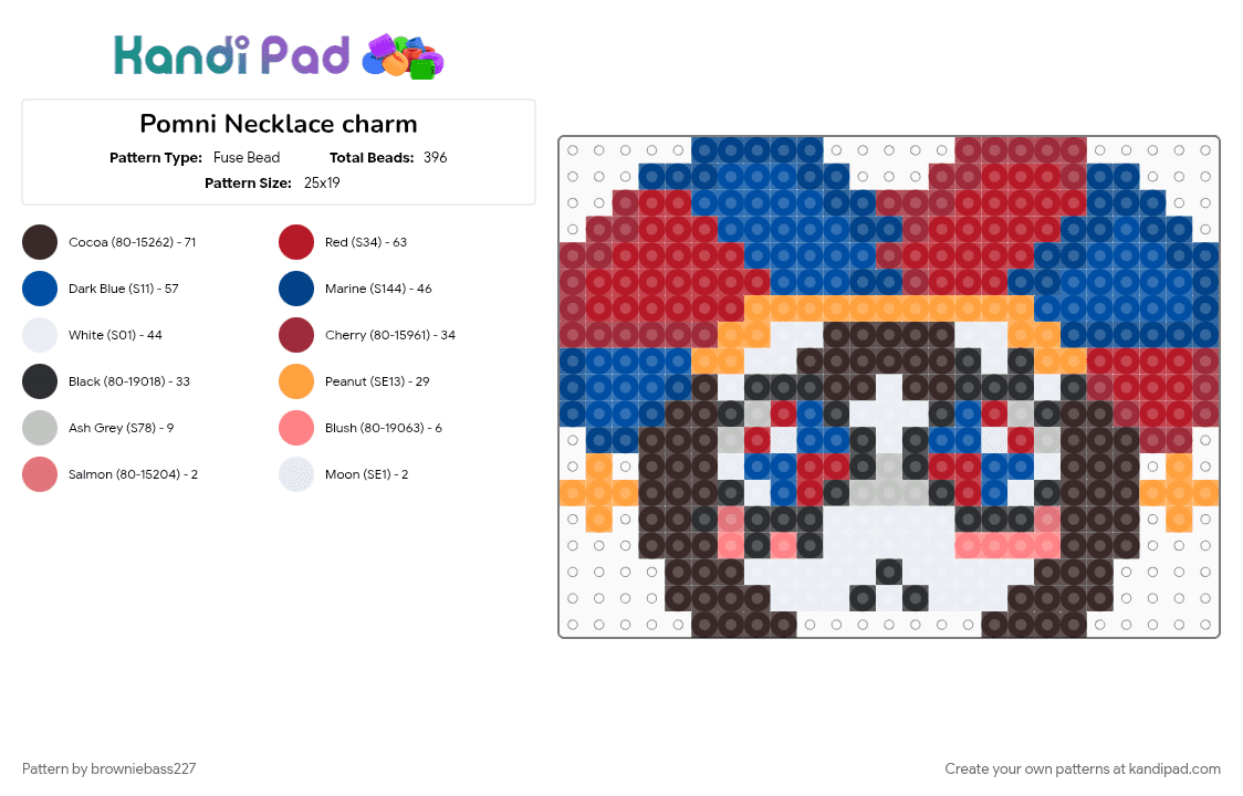 Pomni Necklace charm - Fuse Bead Pattern by browniebass227 on Kandi Pad - blue, brown, character, charm, head, jester, red, tadc, tadc charm, the amazing digital circus, tv show