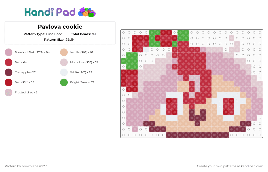 Pavlova cookie - Fuse Bead Pattern by browniebass227 on Kandi Pad - pink,red,beige,crk,pavlovra,pavlova cookie,cookie run kingdom,minion,valentines day