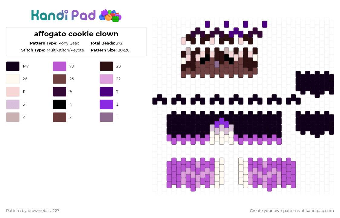 affogato cookie clown - Pony Bead Pattern by browniebass227 on Kandi Pad - brown,pink,crk,cookie run kingdom,affogato cookie,affogato,clown,video game,popular,purple