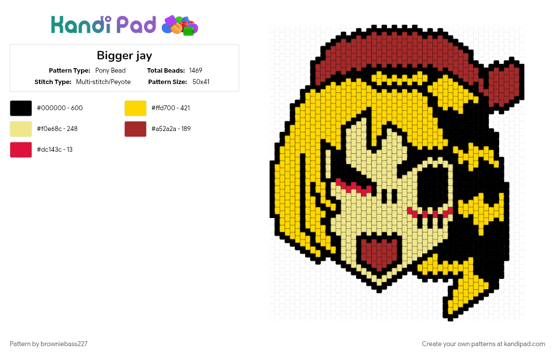 Bigger jay - Pony Bead Pattern by browniebass227 on Kandi Pad - character, gaming, horror, jay, lacey, lacey games, lg, yellow