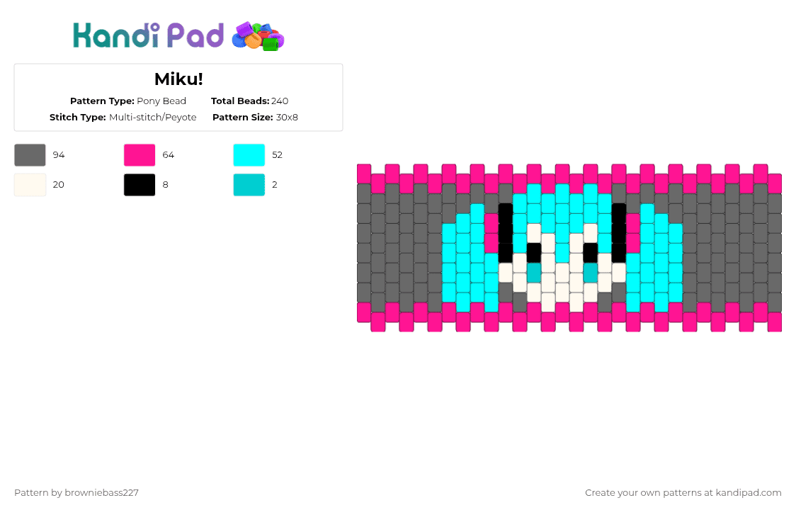 Miku! - Pony Bead Pattern by browniebass227 on Kandi Pad - gray,miku,miku vocaloid,vocaloid,mku