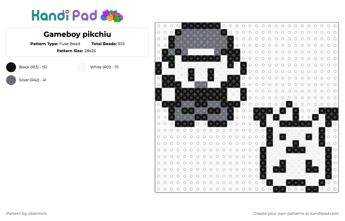 Gameboy pikchiu - Fuse Bead Pattern by vibermini on Kandi Pad - pikachu,pokemon,ash ketchum,gameboy,classic,nostalgia,video game,gaming,gray,white