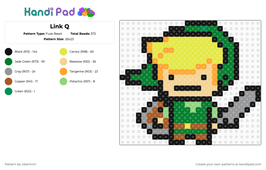 Link Q - Fuse Bead Pattern by vibermini on Kandi Pad - link,legend of zelda,character,chibi,video game,q,gaming,green,yellow,beige