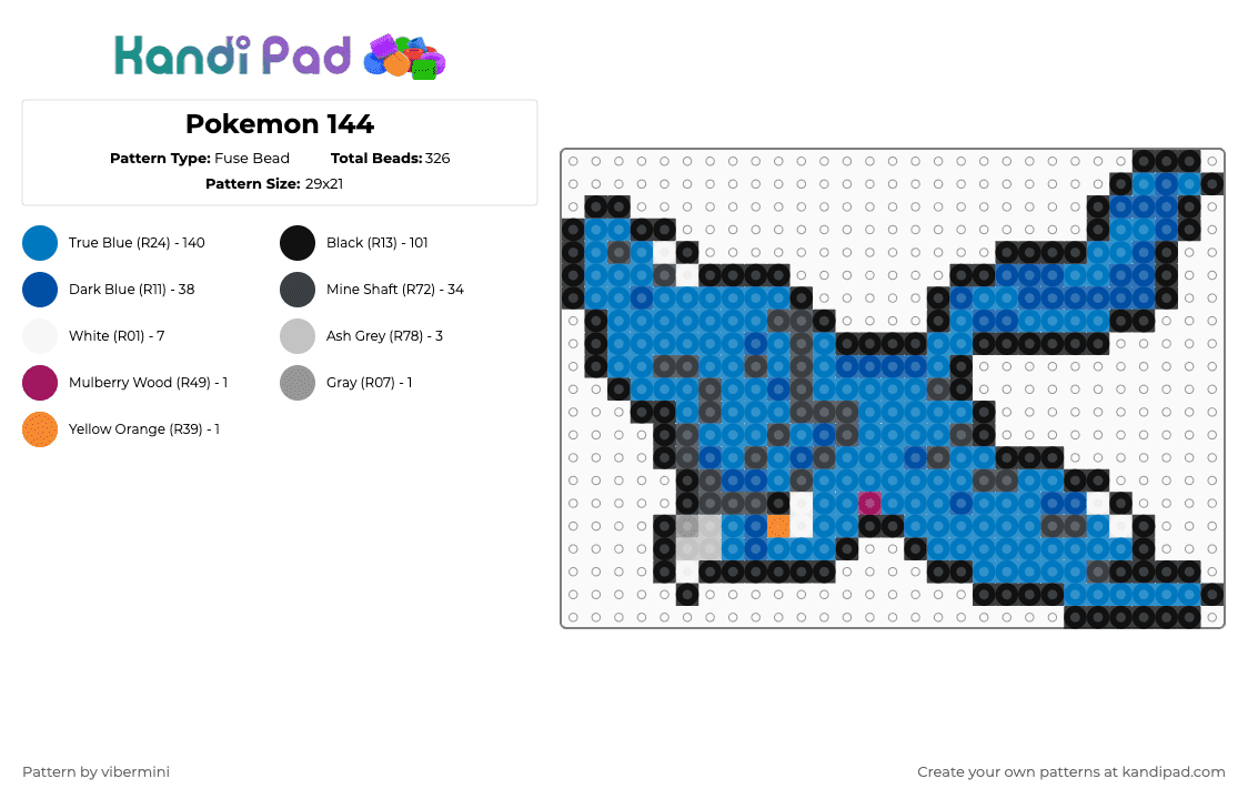 Pokemon 144 - Fuse Bead Pattern by vibermini on Kandi Pad - blue,purple
