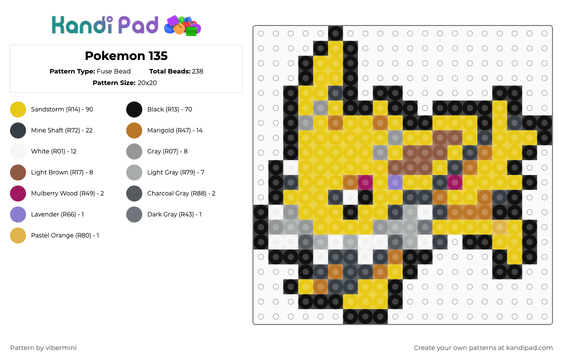Pokemon 135 Fuse Bead Pattern - Kandi Pad | Kandi Patterns, Fuse Bead ...