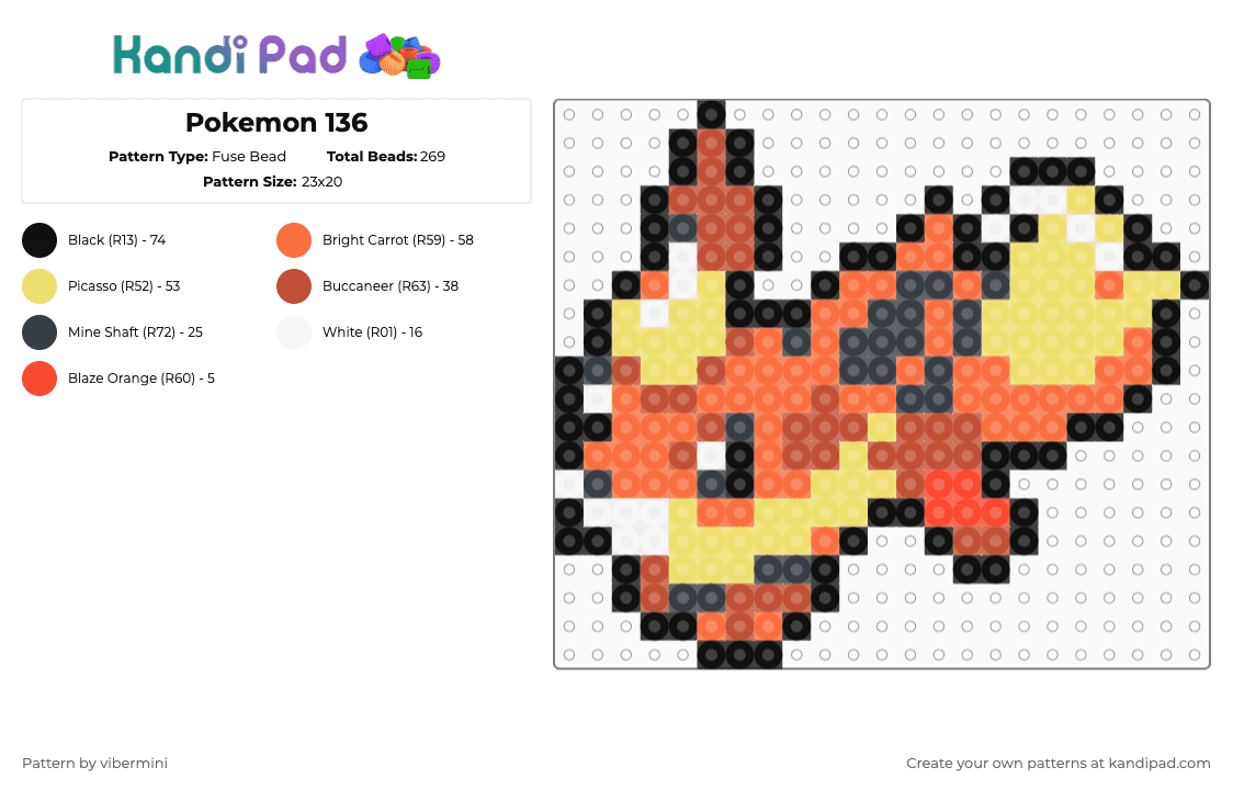 Pokemon 136 - Fuse Bead Pattern by vibermini on Kandi Pad - red,yellow,orange