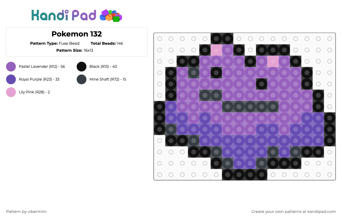 Pokemon 132 - Fuse Bead Pattern by vibermini on Kandi Pad - pink,purple