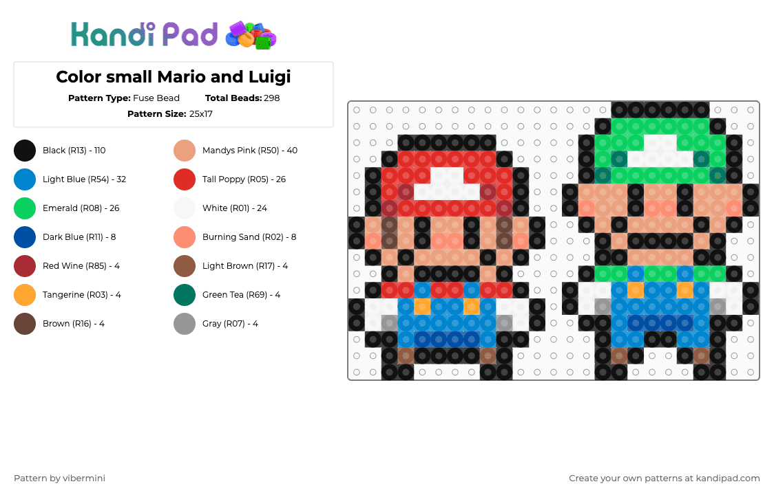 Color small Mario and Luigi - Fuse Bead Pattern by vibermini on Kandi Pad - red,blue,beige,teal