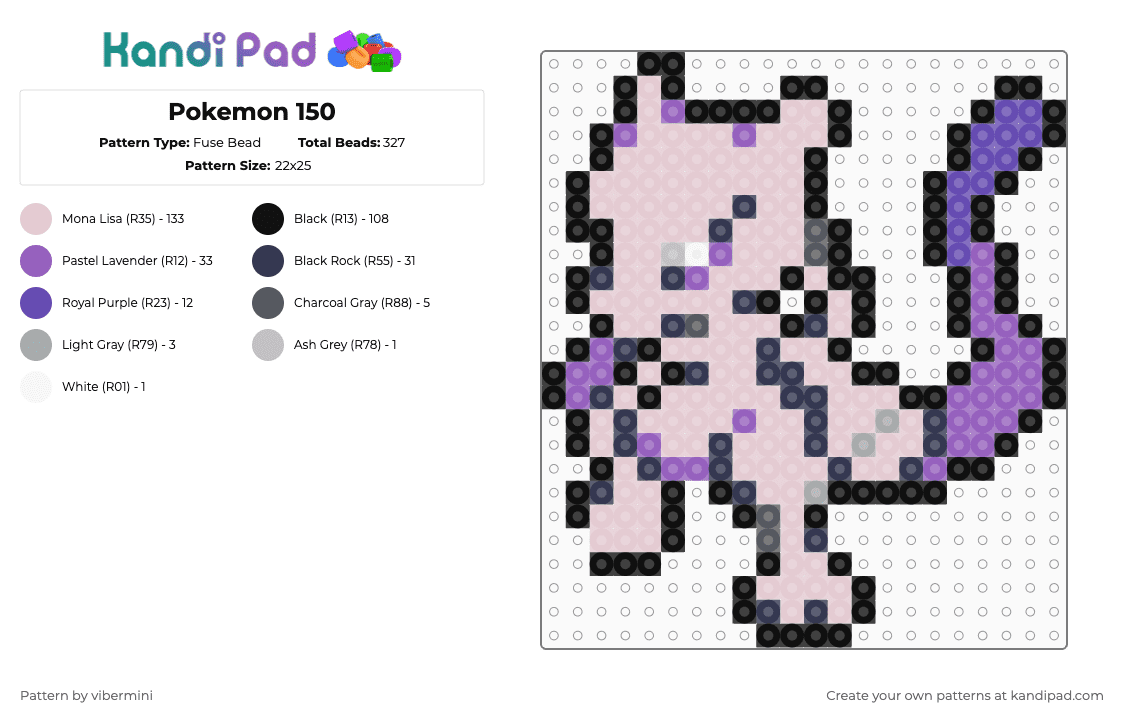 Pokemon 150 Fuse Bead Pattern - Kandi Pad | Kandi Patterns, Fuse Bead ...
