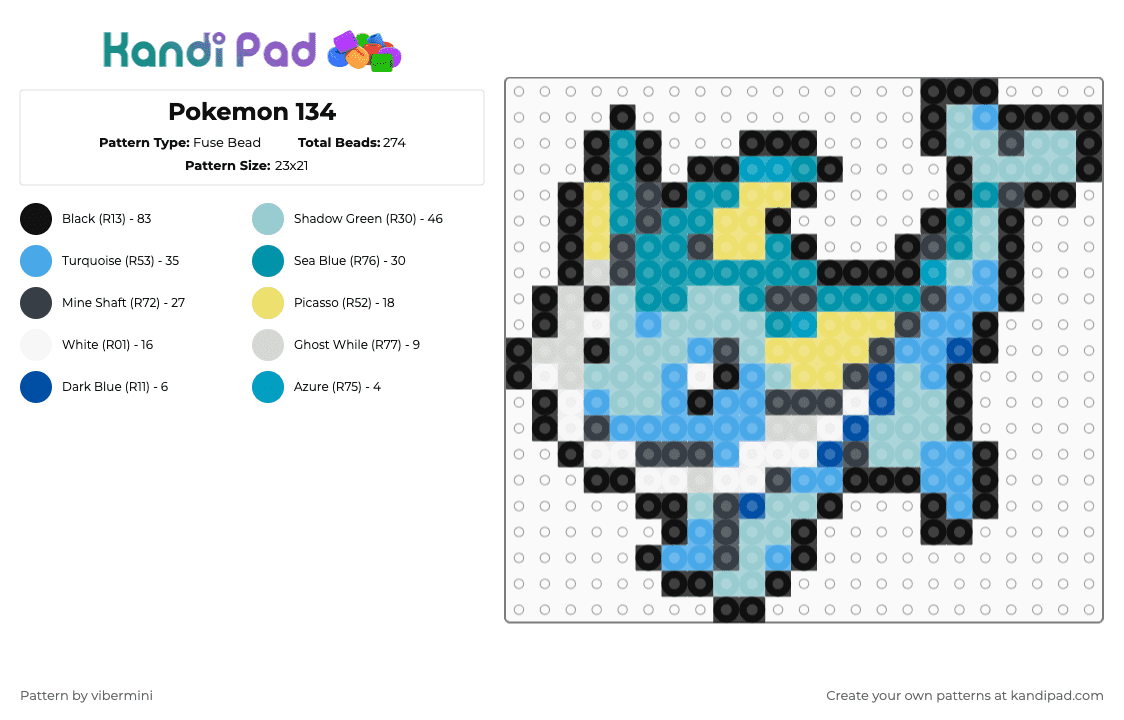 Pokemon 134 Fuse Bead Pattern - Kandi Pad | Kandi Patterns, Fuse Bead ...