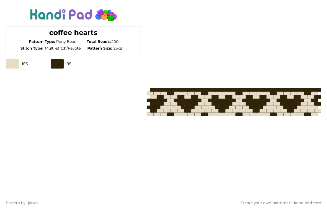coffee hearts - Pony Bead Pattern by -janus- on Kandi Pad - hearts,coffe,cuff,love,coffee,heart,flat stitch cuff,8 rows,25 beads,105  beads,95 beads,food,beige,brown