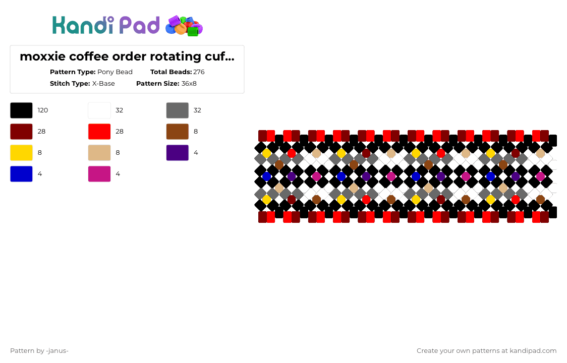 moxxie coffee order rotating cuff base - Pony Bead Pattern by -janus- on Kandi Pad - black,gray,red,brown