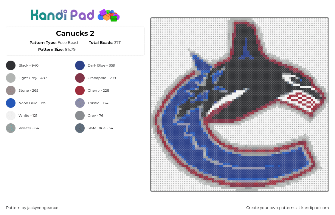 Canucks 2 - Fuse Bead Pattern by jackyvengeance on Kandi Pad - canucks,logo,vancouver,hockey,sports,team,blue,black