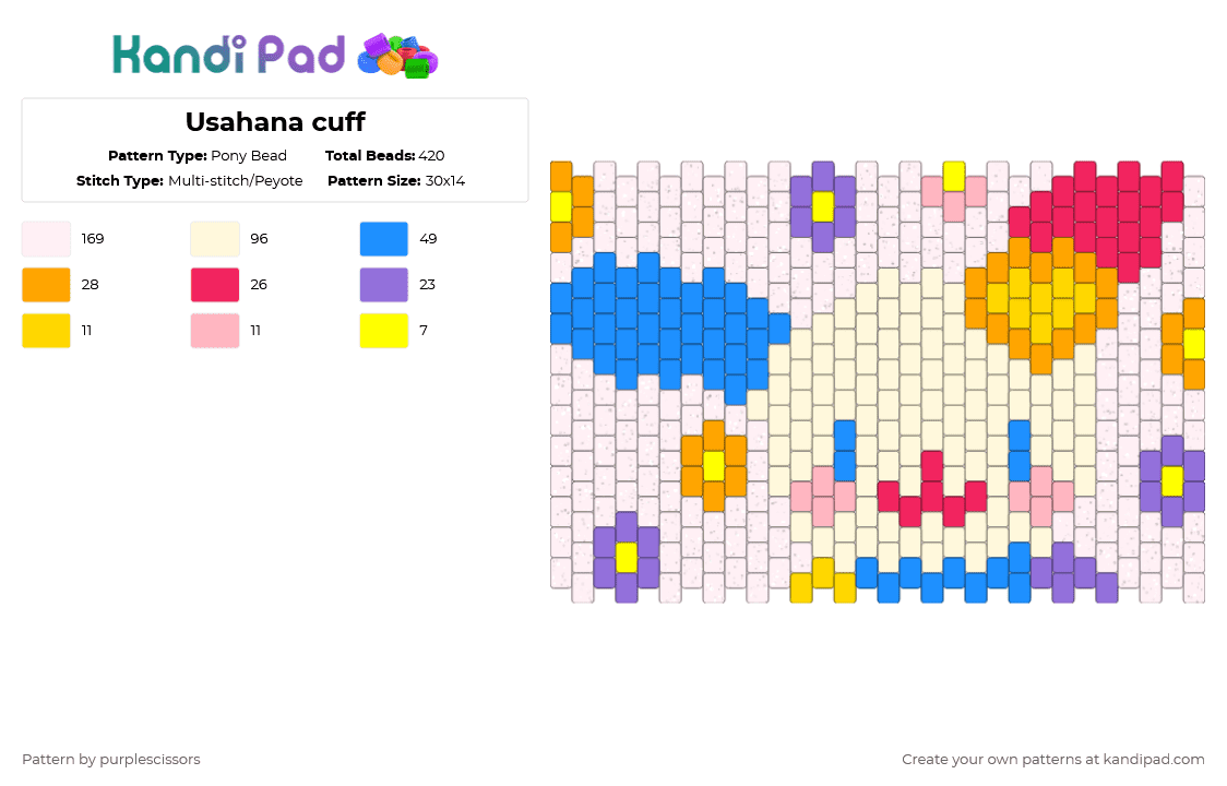 Usahana cuff - Pony Bead Pattern by purplescissors on Kandi Pad - white,light blue,red,orange
