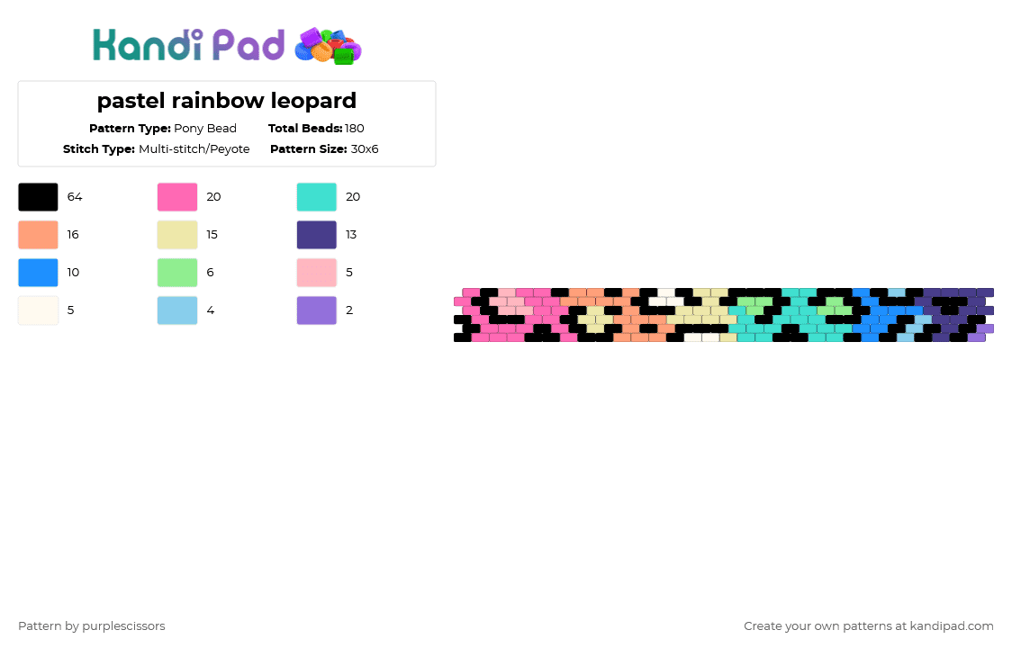 pastel rainbow leopard - Pony Bead Pattern by purplescissors on Kandi Pad - leopard,animal print,animal,pink,light blue,cuff