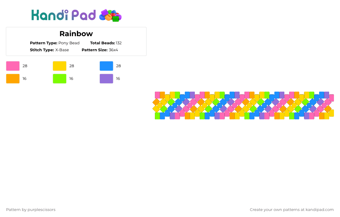Rainbow - Pony Bead Pattern by purplescissors on Kandi Pad - neon,xbase,cuff,bracelet,stripes,rainbow,colorful,pink,yellow,light blue