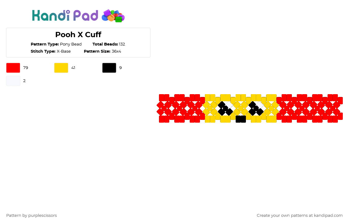 Pooh X Cuff - Pony Bead Pattern by purplescissors on Kandi Pad - winnie the pooh,yellow,red,pooh,cuff