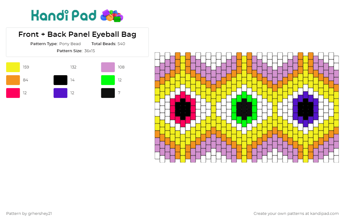 Front + Back Panel Eyeball Bag - Pony Bead Pattern by grhershey21 on Kandi Pad - eyes,spooky,bag,panel,unique,vibrant,eye-catching,yellow,colorful