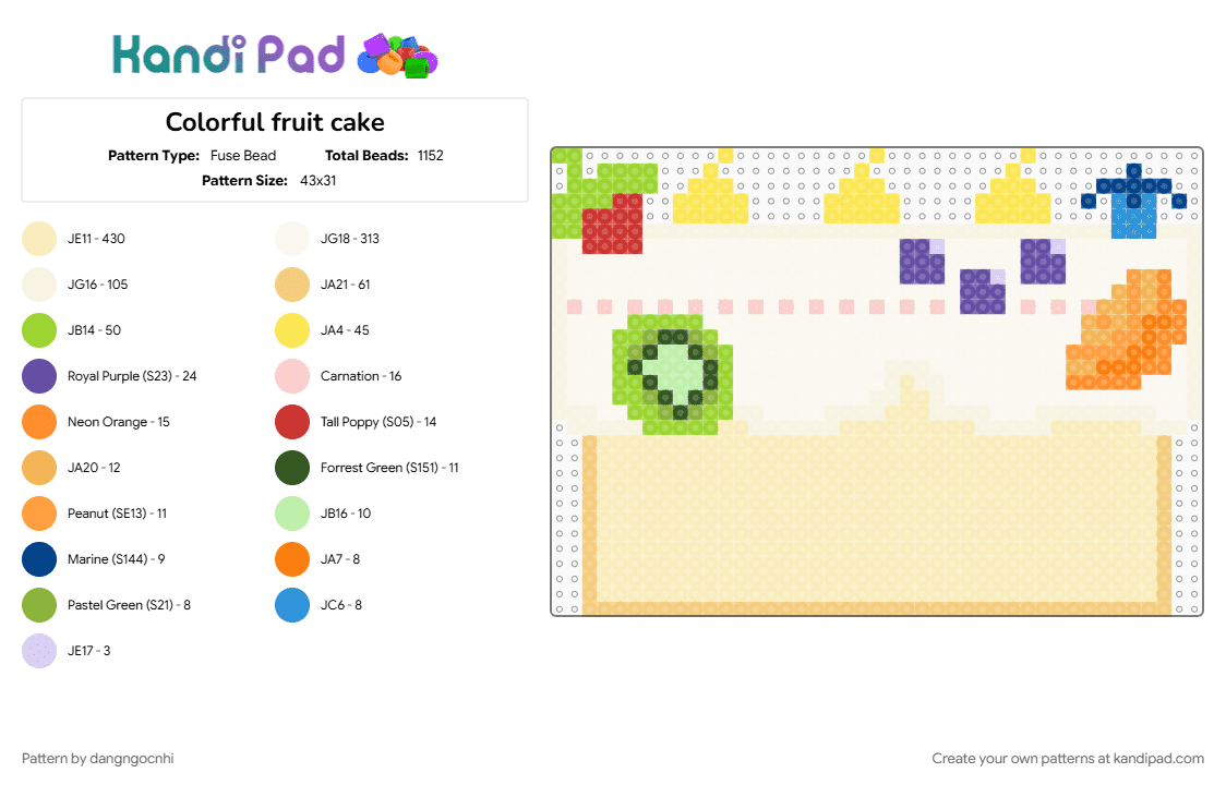 Colorful fruit cake - Fuse Bead Pattern by dangngocnhi on Kandi Pad - beige, white, yellow